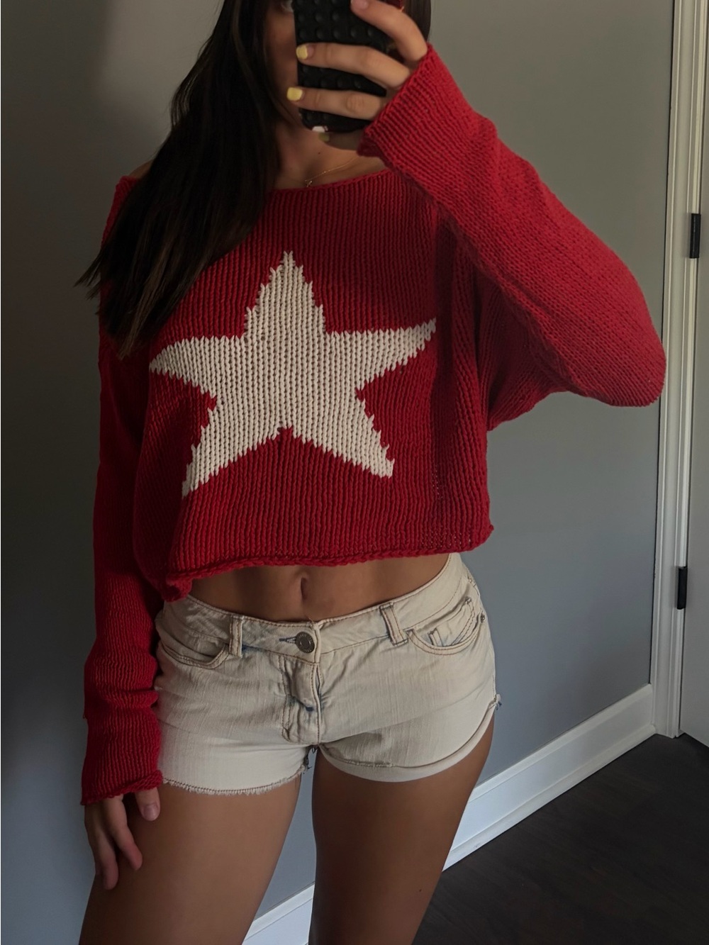 Wooden Ships Red Off-Shoulder Cropped Star Sweater